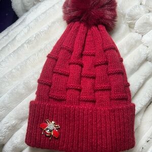 Red Knit Beanie with Pom Pom and Bee Brooch